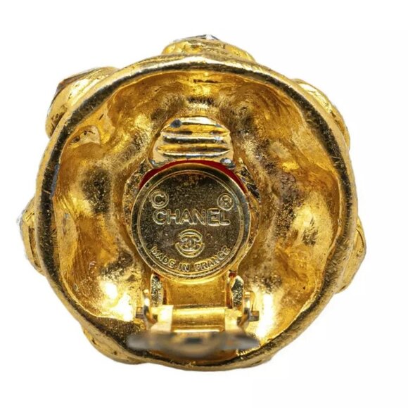 CHANEL Red Gripoix Rhinestone Round Clip-On Earrings Gold Tone Auth - Picture 5 of 12